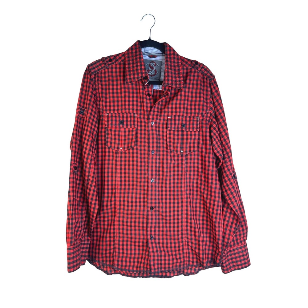 Sovereign Code Mens' Red Gingham Roll Tab Western Button Down Shirt Size Medium